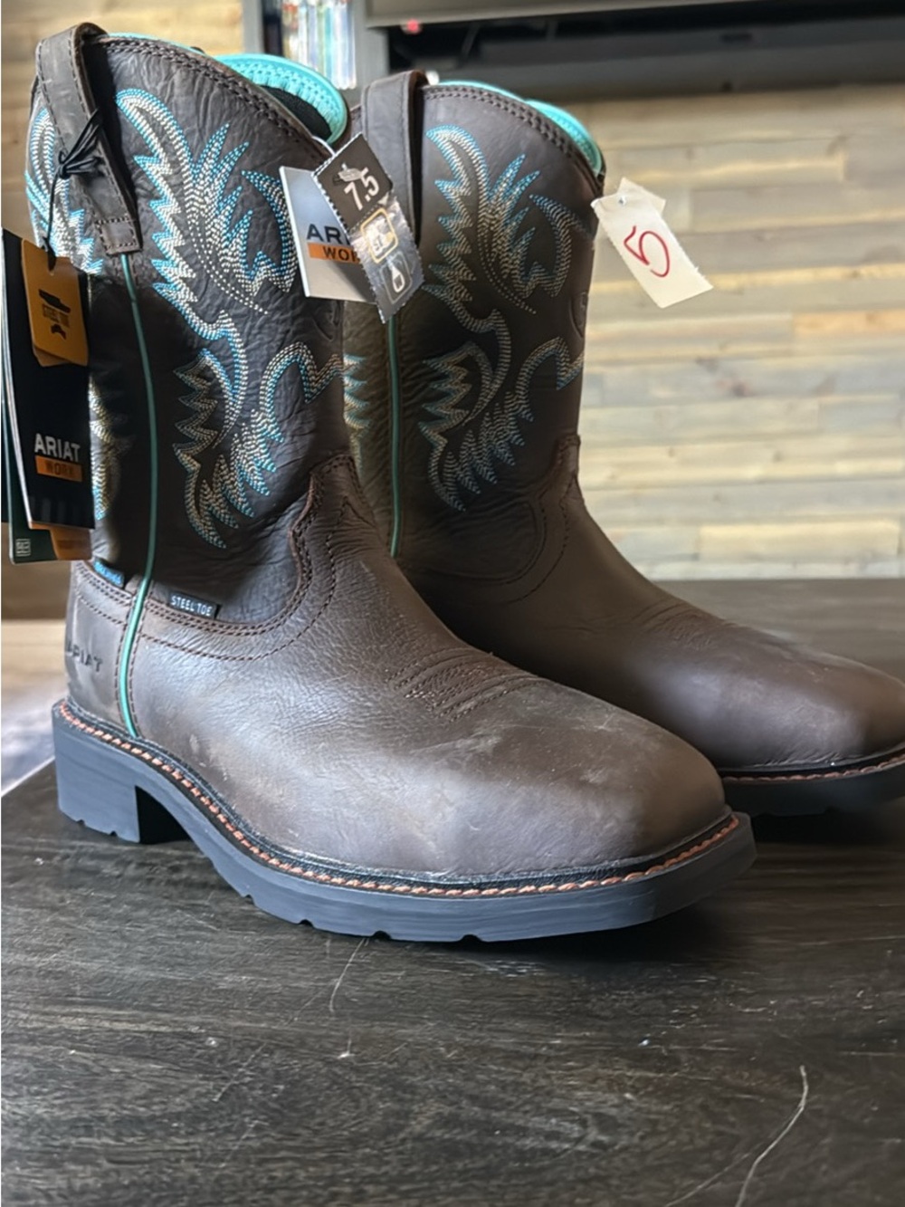 Ariat Brown Leather Work Boots with Turquoise Embroidery